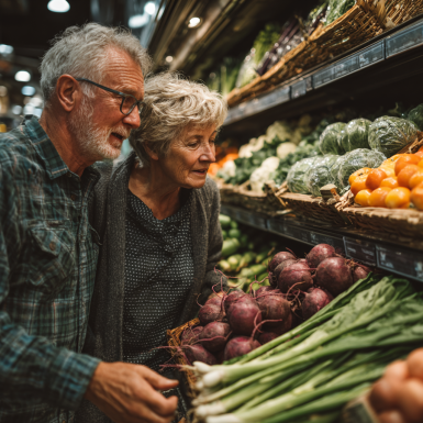 Літня пара готує здорову їжу на кухні